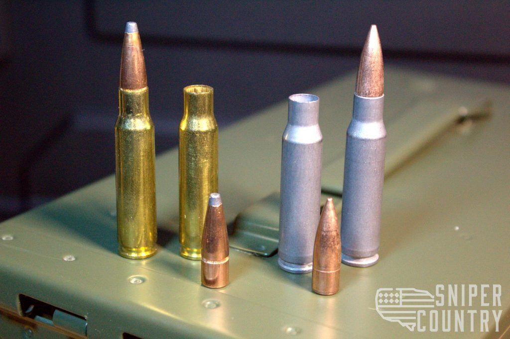 Anatomy of a bullet. On the left is a 7.62 mm NATO FMJ rifle round